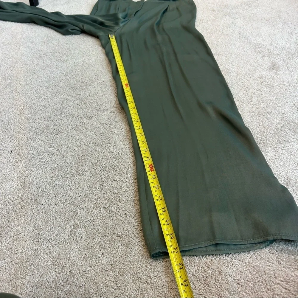 ZARA khaki green full length high waisted pleated wide leg satin effect pants M - Picture 12 of 13